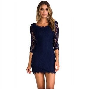 Diane Von Furstenberg Zarita Lace Dress in Navy Blue Size 14